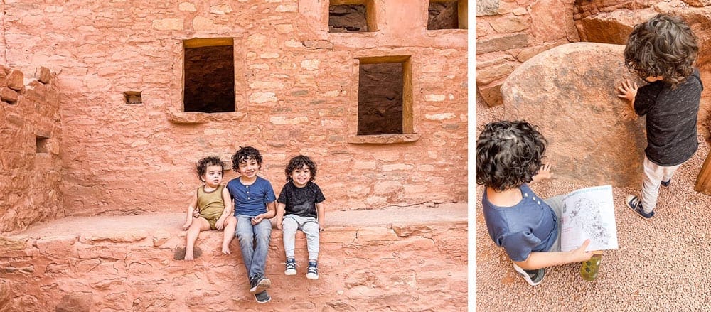 Three boys sit along a ledge with dwellings in the background at Manitou Cliff Dwellings, one of the best things to do in Colorado Springs with kids. Right Image: Two boys explore an area of the Manitou Cliff Dwellings.