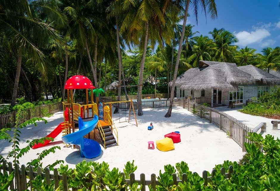 A colorful beach playground at the Amilla Maldives Resort and Residences, one of the best family hotels in the Maldives.