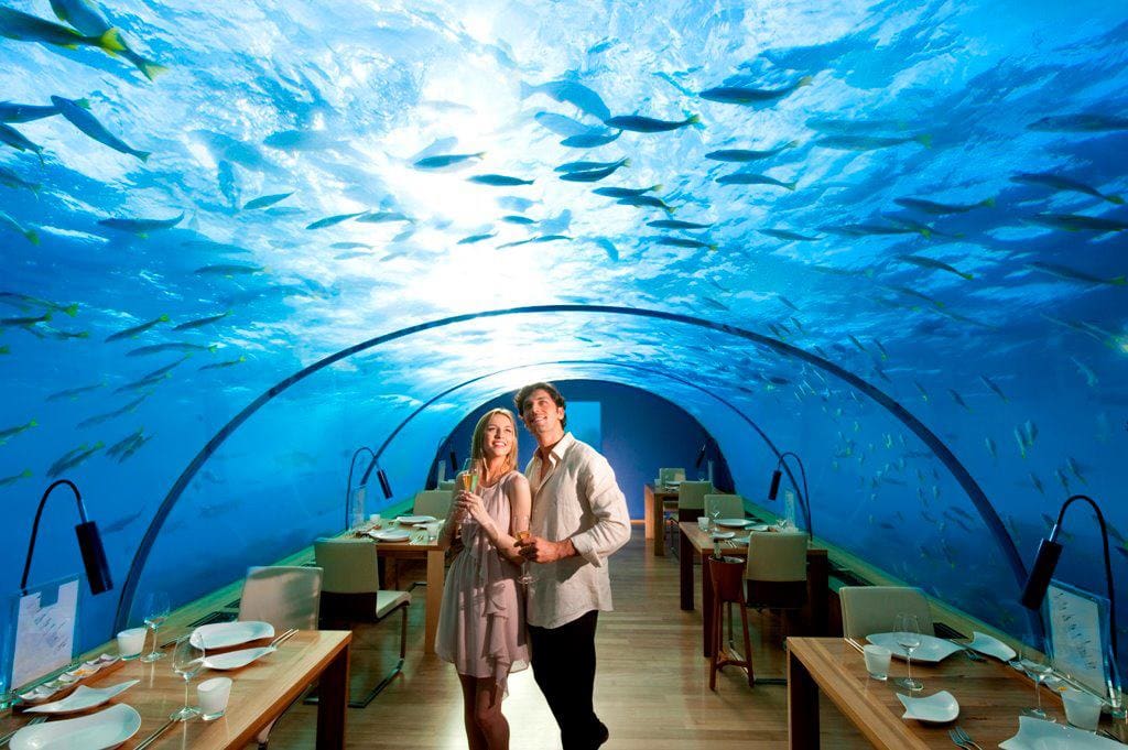 A couple enjoys a glass of wine inside the underwater restaurant at the Conrad Maldives Rangali Island, one of the best family hotels in the Maldives.