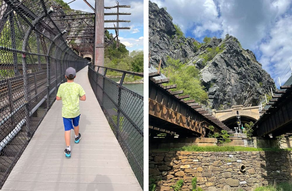 Left Image: A boy walks down a boardwalk with fences on both sides. Right Imgage: A view of a rocky mountain side with train tracks leading the way.