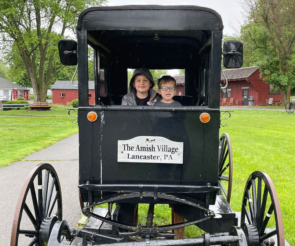 Two boys look out the back of an Amish buggy while visiting Lancaster, PA.