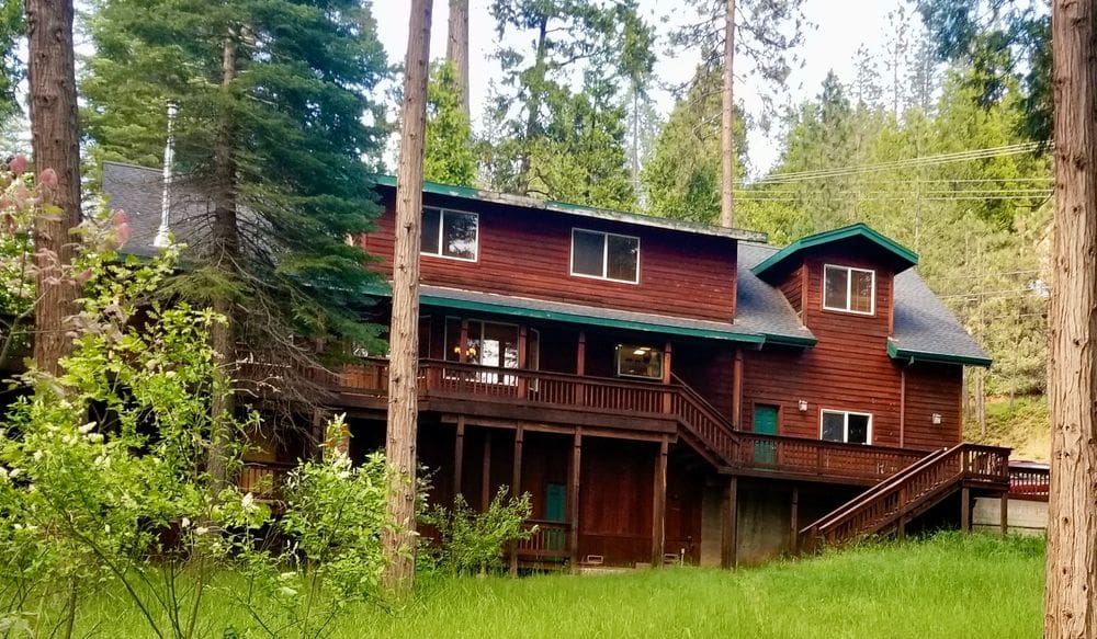 A cabin at Blue Lake in Arnold is nestled among tall pines and other foliage.
