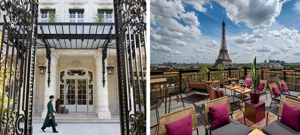 Left Image: A hotel staff member walks across the entrance area of the Shangri-La Paris, one of the best Paris hotels for families. Right Image: The outdoor balcony of the Shangri-La Paris, overlooking the Paris skyline, including the Eiffel Tower.