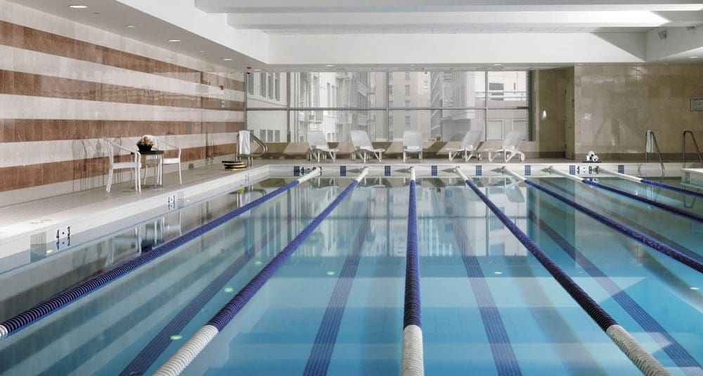 The indoor pool with lane lines in at the Four Seasons San Francisco.