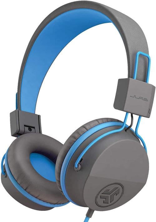 A product shot of the gray and blue JLab JBuddies Studio Over-Ear headphones from the front, featuring the full set.