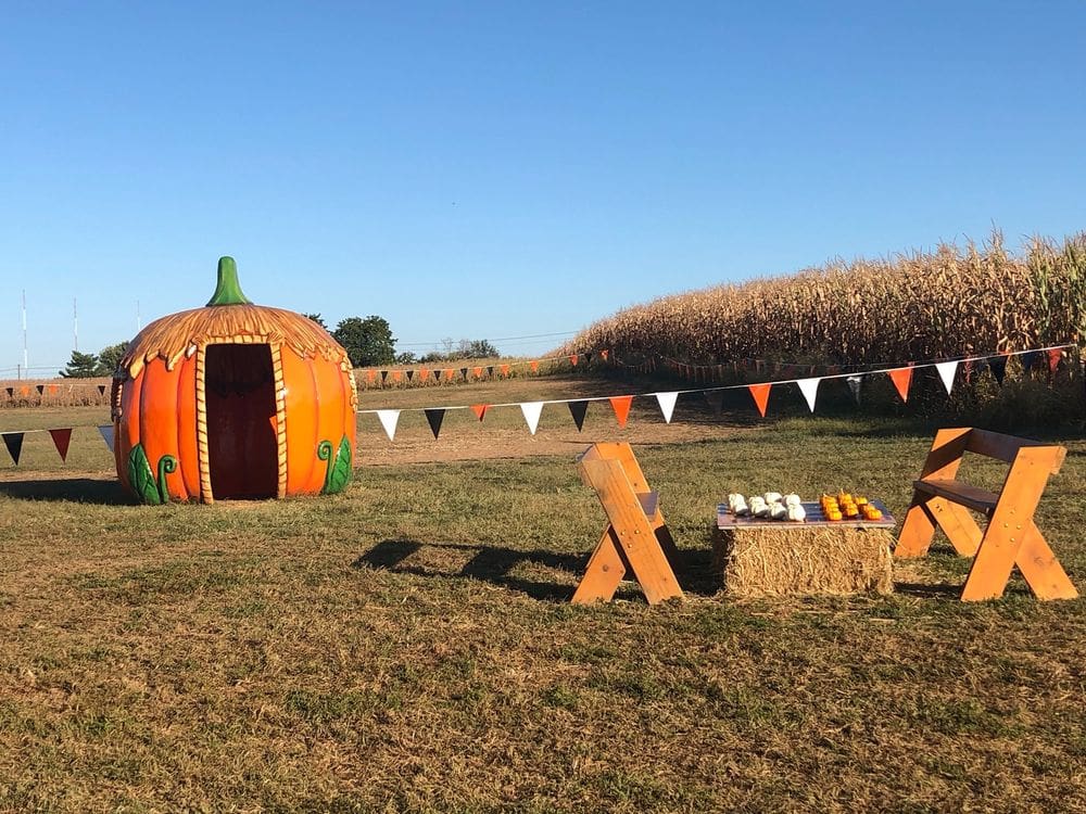Two chairs sit opposite a hay bail where tiny pumpkins dot a chess board, while a large play pumpkin and expansive corn field are shown in the background.