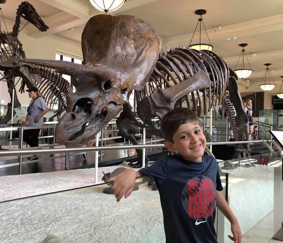 A young boy leans against an exhibit rail with a dinosaur skeleton in the background.