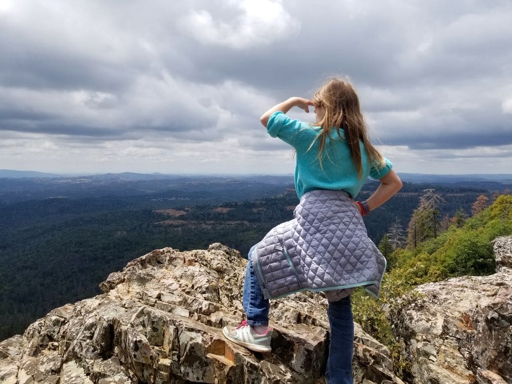 A young girl looks over a mountain scene while exploring Arnold.