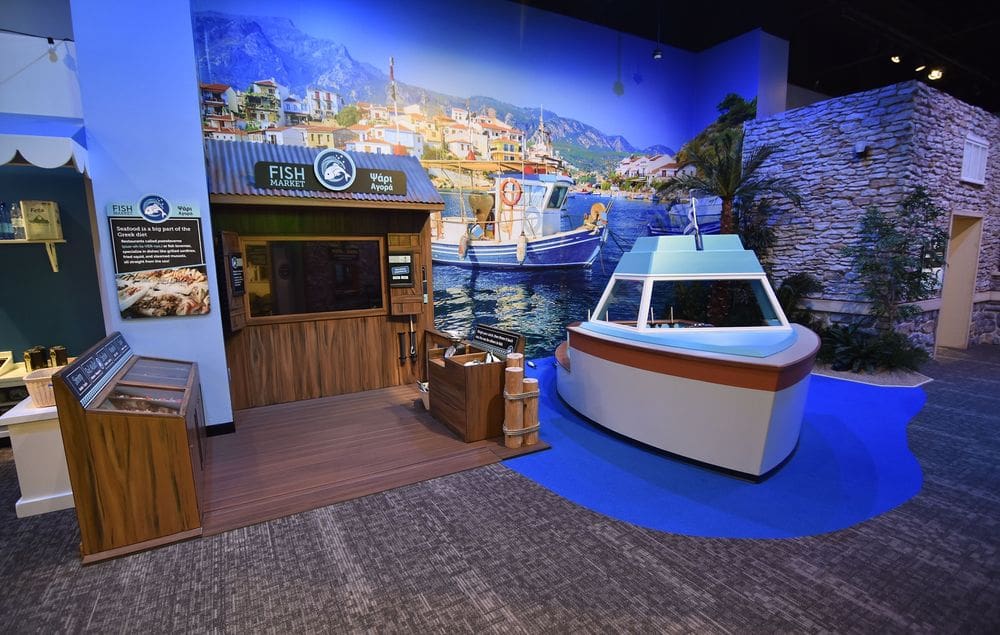 An exibit featuring a play fish market and boat at the The Children's Museum of Indianapolis.