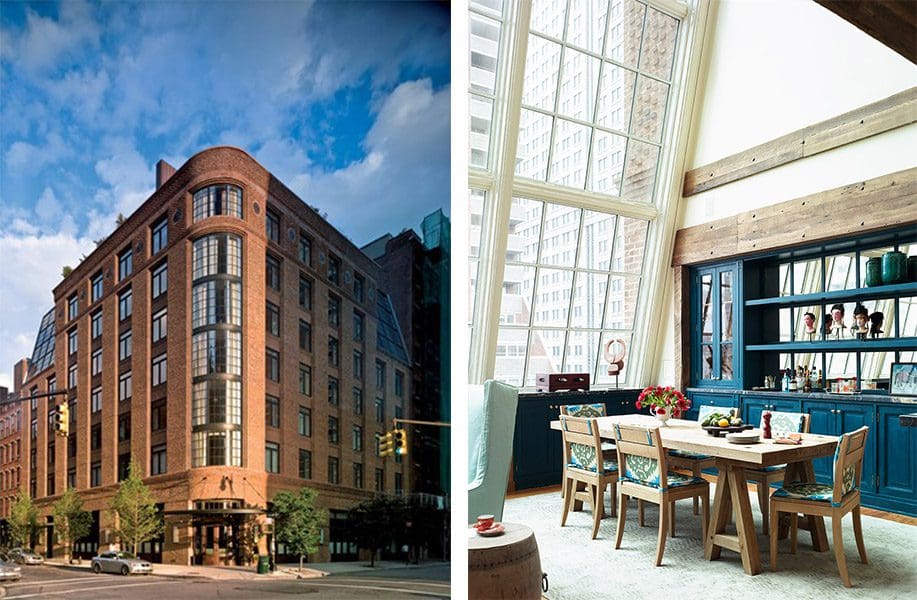 Left Image: A view of the The Greenwich Hotel, which stands proudly on the street corner. Right Image: Inside one of the stunning lofted spaces, featuring a table and bookshelf.