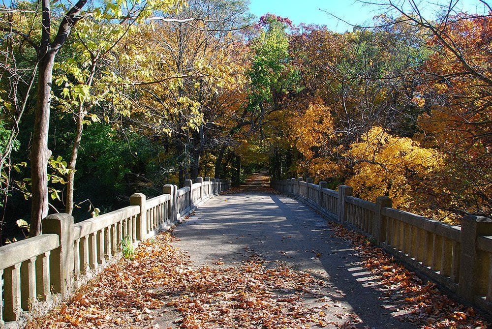 A bridge is shrouded in fall colors along a path at Mathiessen State Park.