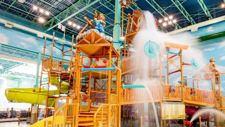 The massive, colorful indoor waterpark set up at the Great Wolf Lodge Poconos Mountains.