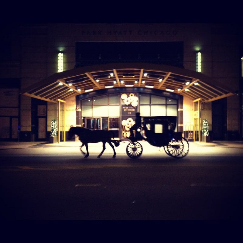 A horse-drawn carriage passes the entrance of the Park Hyatt Chicago at night.