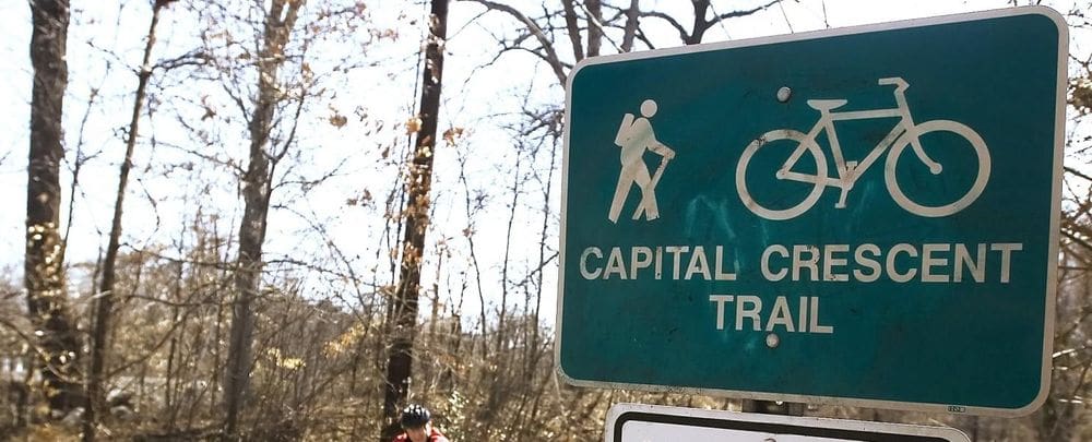 A green sign depicting a hiker and a bicycle with the words "Capital Crescent Trail" is nestled amongst thinning foliage on an overcast fall day.
