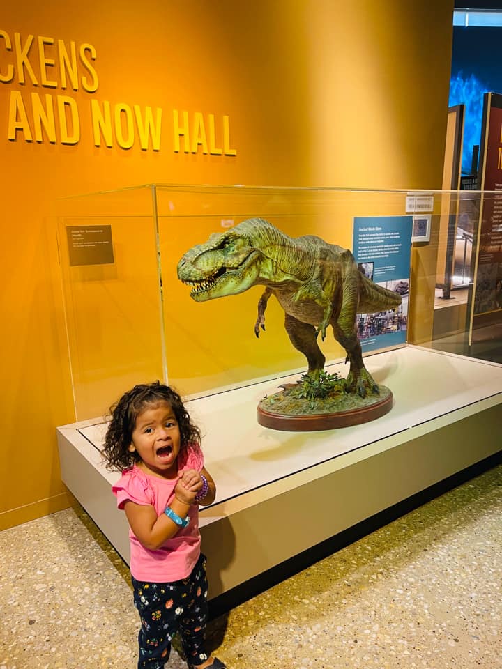 A young girl pretends to be scared while standing next to a dinosaur at a Perot Museum exhibit.