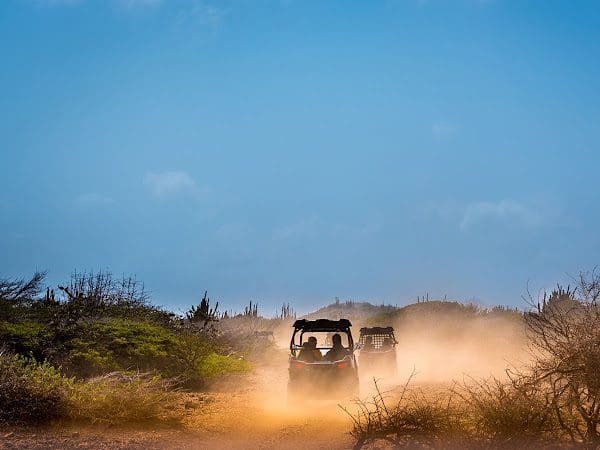 Kicking up dust, ATVs ride along a trail in Curacao.