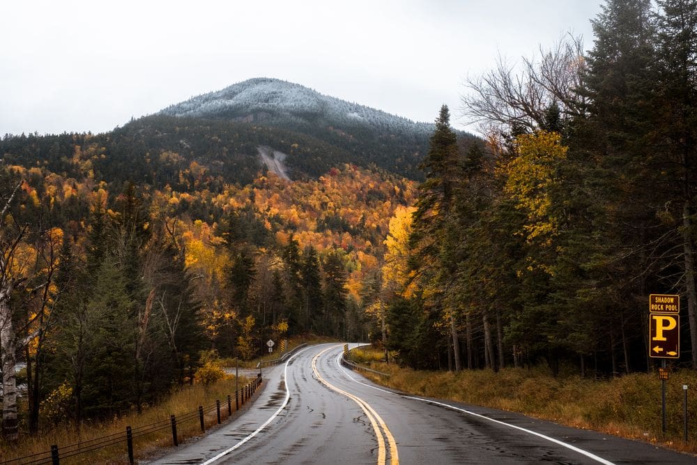 A winding road flanked between vibrant fall foliage with Whiteface Mountain in the distance.