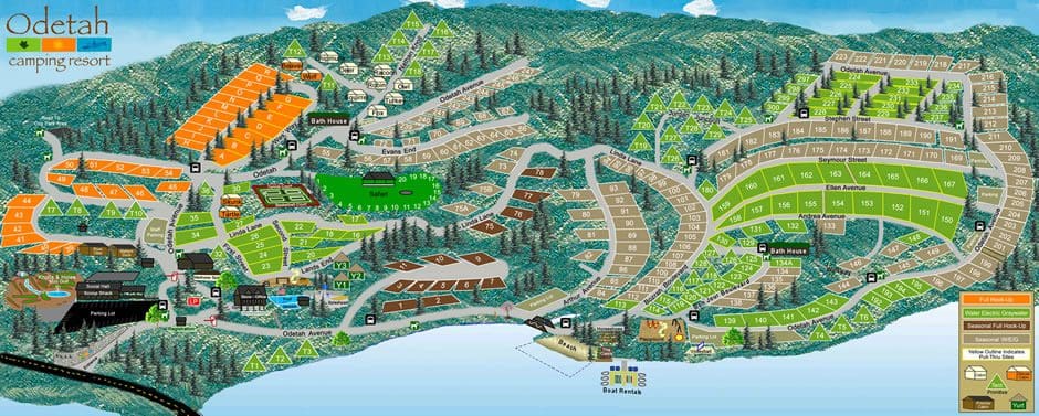 A map of the grounds of Odetah Camping Resort.