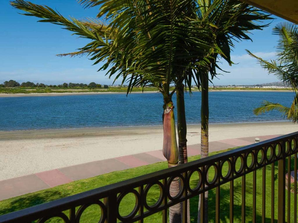 A view of the pristine beach and waterfront at the San Diego Mission Bay Resort.