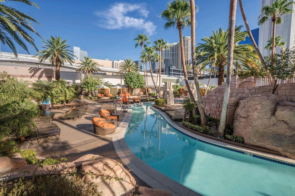 The lazy river and surrounding pool deck at the The Signature at MGM Grand, one of the best hotels in Las Vegas for families.