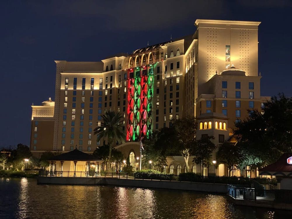 A view of the Disney’s Coronado Springs Resort, along the waterfront and list up for Christmas.