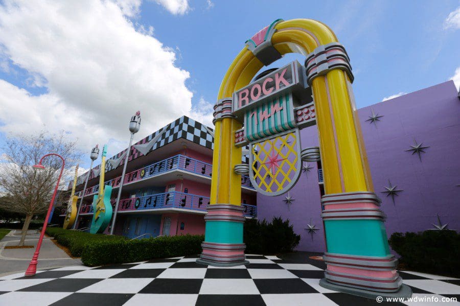 The entrance to one of the buildings at Disney's All-Star Movies Resort, featuring the appearance of a juke box. 