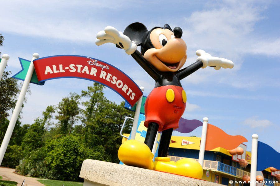 A large Mickey Mouse stands at the entrance to the Disney’s All-Star Sports Resort.