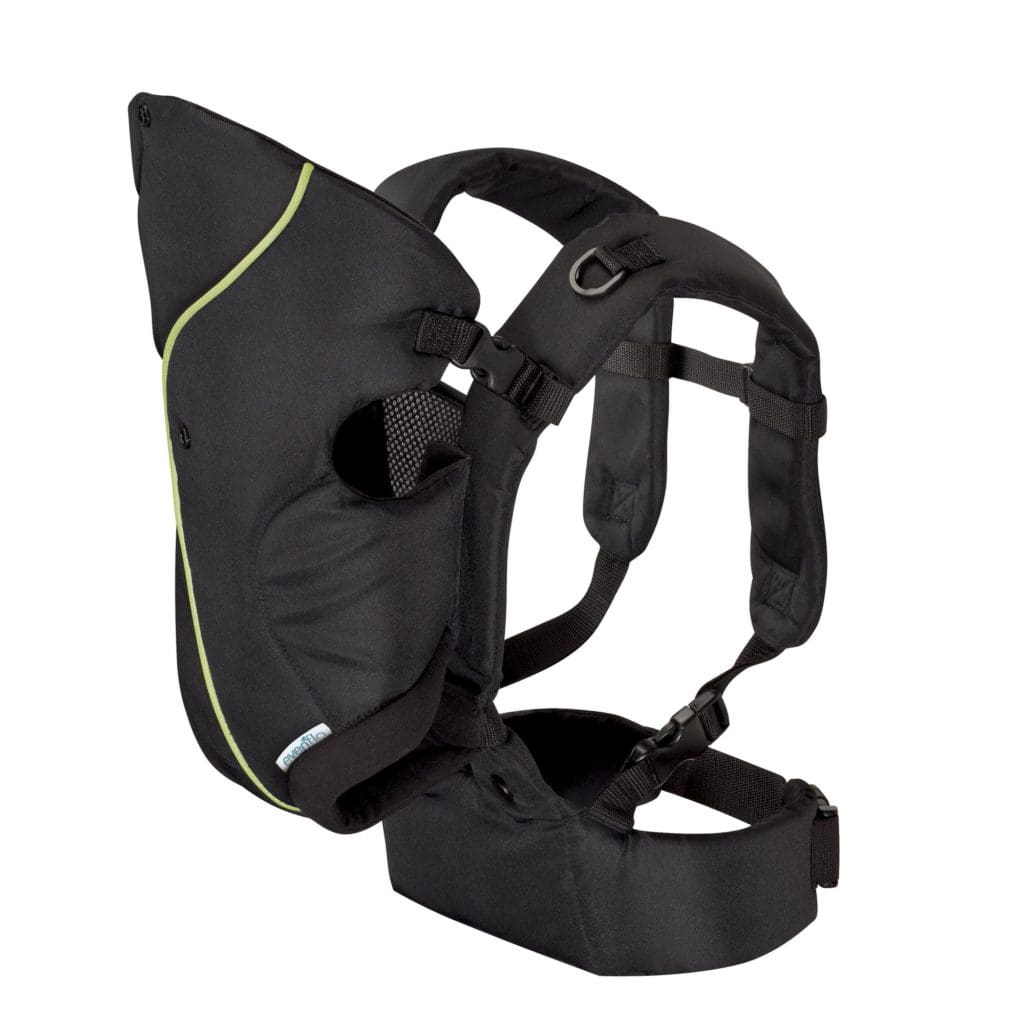 A product shot of a black Evenflo Breathable Baby Carrier, with lime green trimming, one of the best baby carriers for travel.
