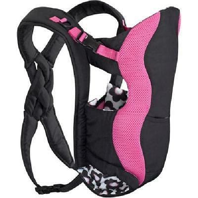A product shot of a Evenflo Breathable Baby Carrier, black with pink trimming.