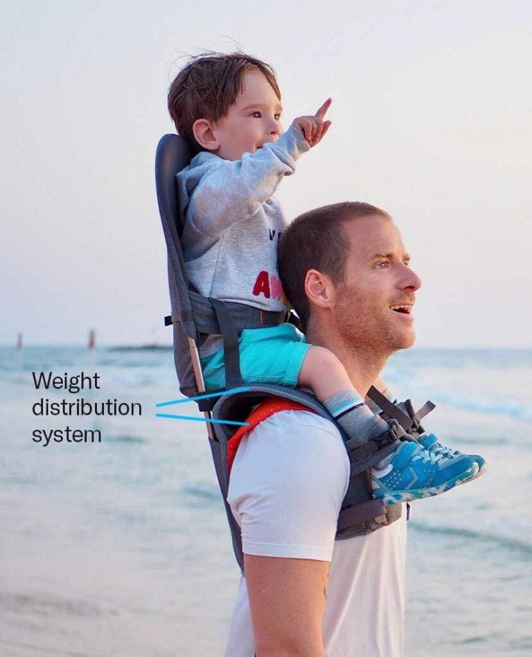 A dad carries his child on his shoulders using a supportive MiniMeis G4 Shoulder Carrier.