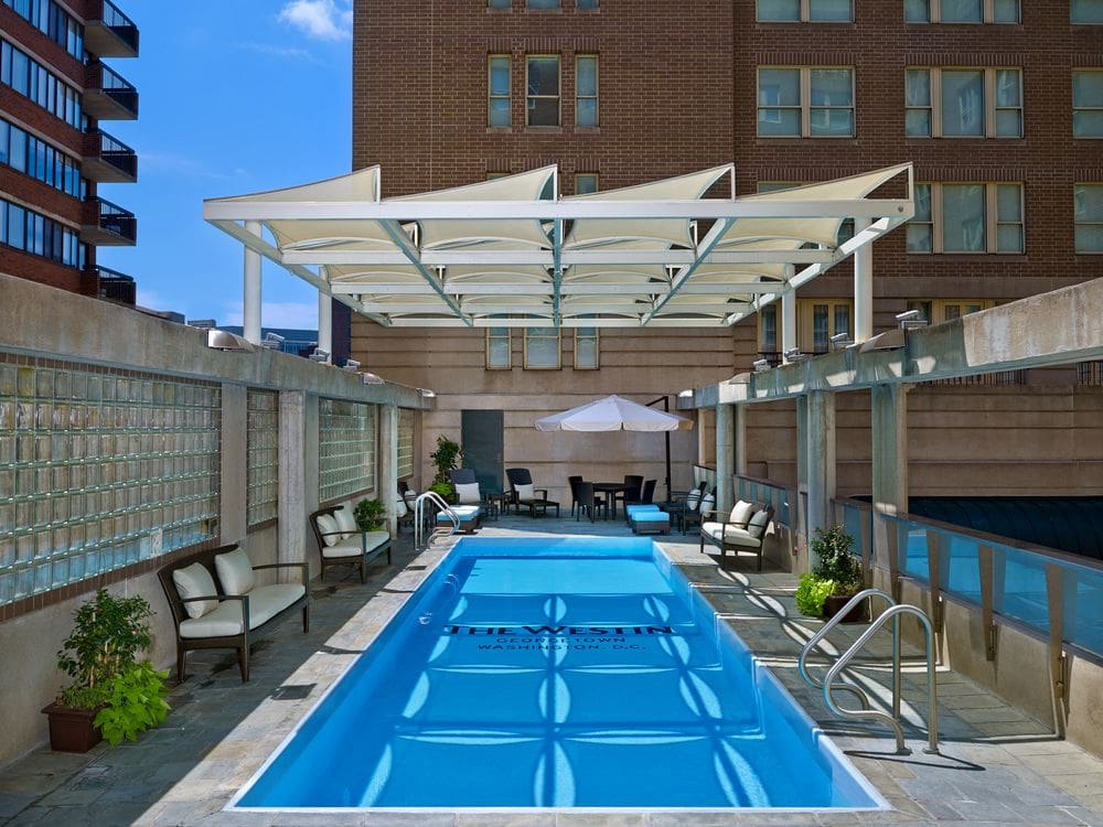 A view of the rooftop pool at the The Westin Georgetown, Washington DC on a sunny day.