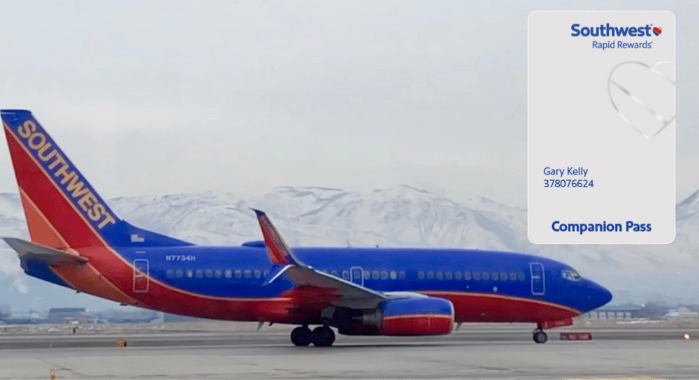 A Southwest plane is parked on the tarmac with mountains in the distance. In the upper right corner, a Southwest Rapid Rewards companion pass is shown.