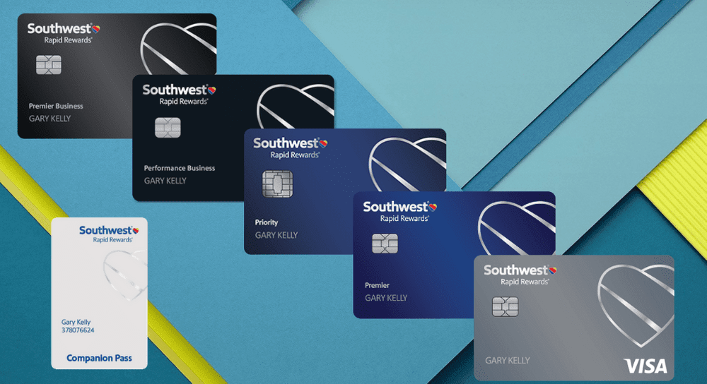 Several Southwest Credit Cards stacked together over a multi-colored background with hues of green and blue. In the lower left corner, a companion pass for Southwest is featured.