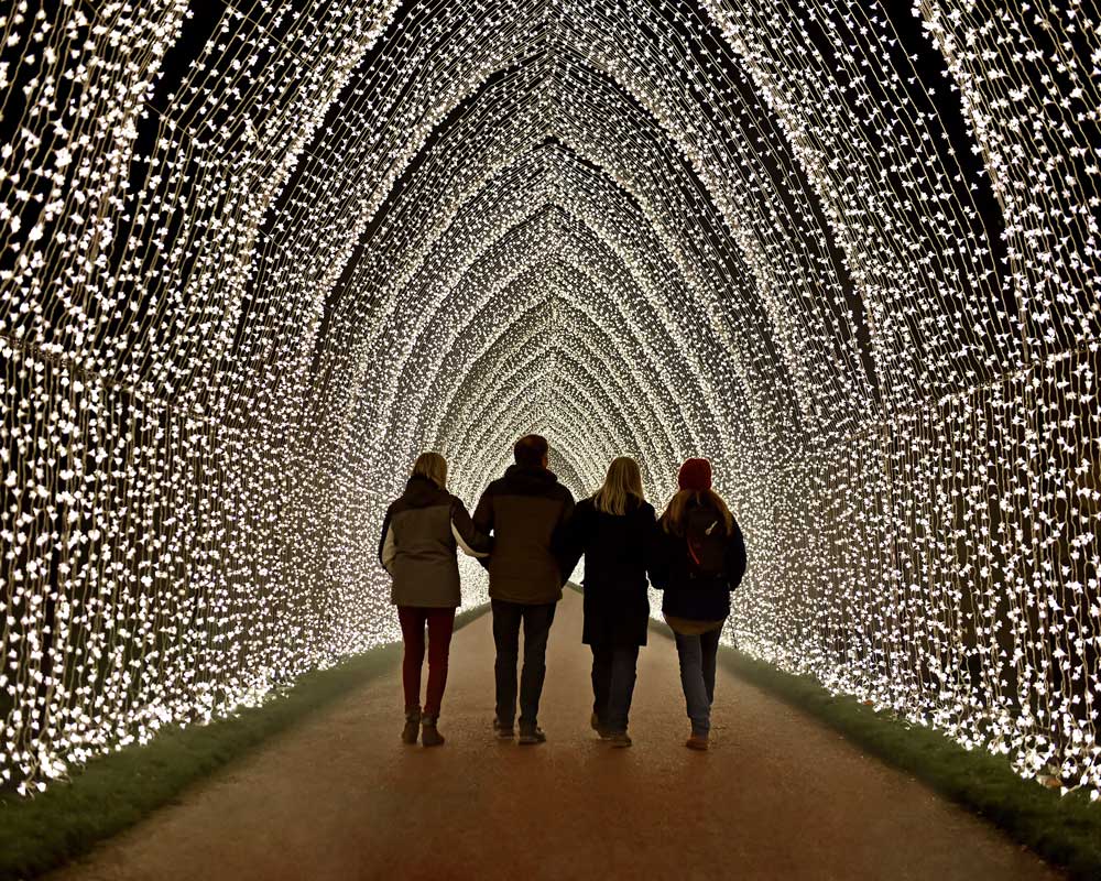 Four people walk arm-in-arm down a tunnel of Christmas lights at Lightscape, one of the best New York City Christmas activities with kids.