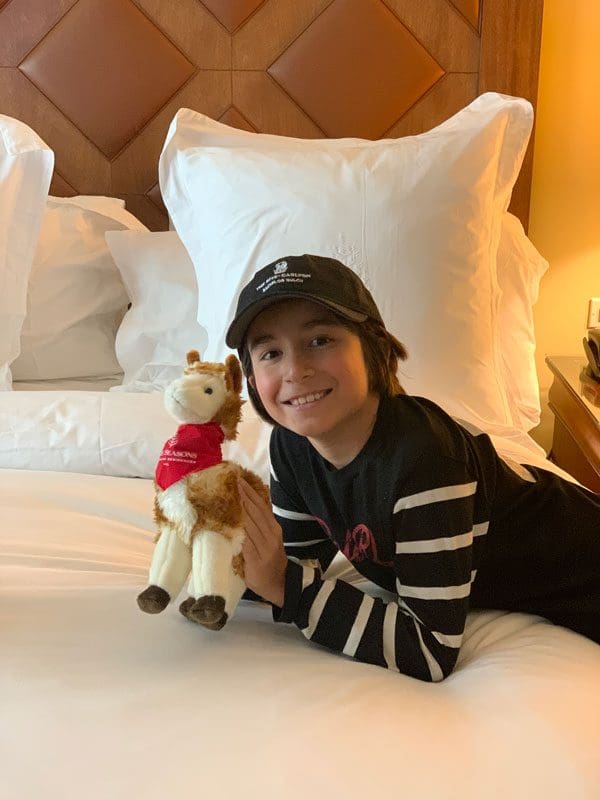 A young boy holds a stuffed alpaca, while leaning over a hotel bed at the Four Seasons in Vail.
