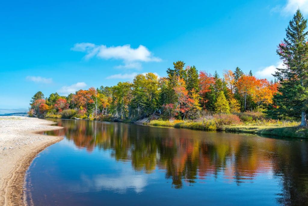 A view of a beach near a lake, mirroring the line of trees sporting fall colors, at Two Hearted River, one of the best Upper Peninsula Michigan hikes for families.