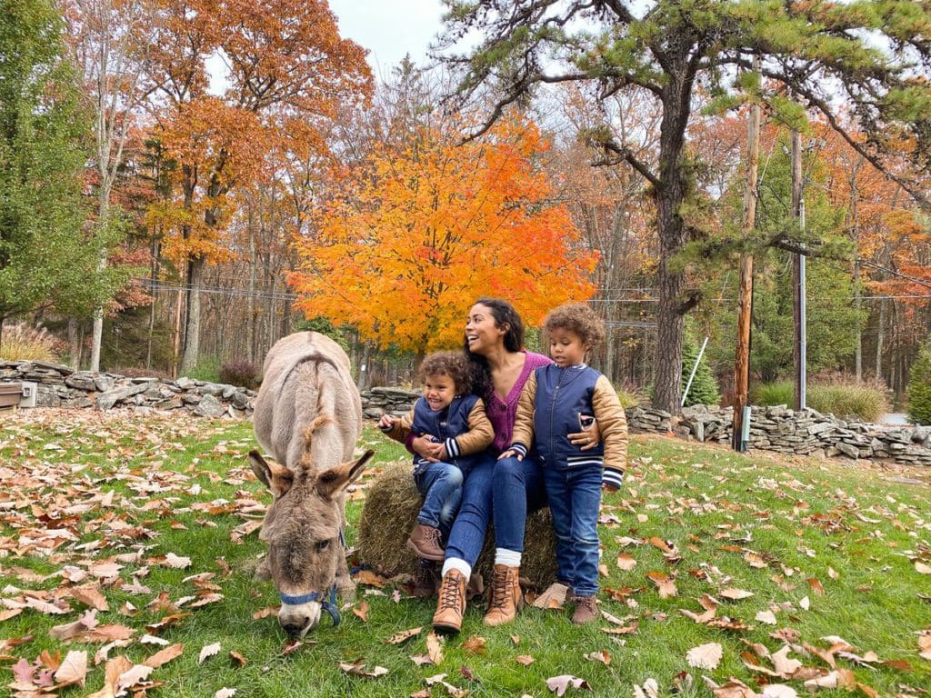 A mom of colors and her two kids enjoy a beautiful fall day at Woodloch Resort during an event where they can pet a donkey.