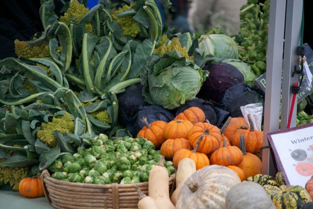 A table at the Portland Farmers Market, filled with veggies like cabbage, Brussel sprouts, and other fall items.