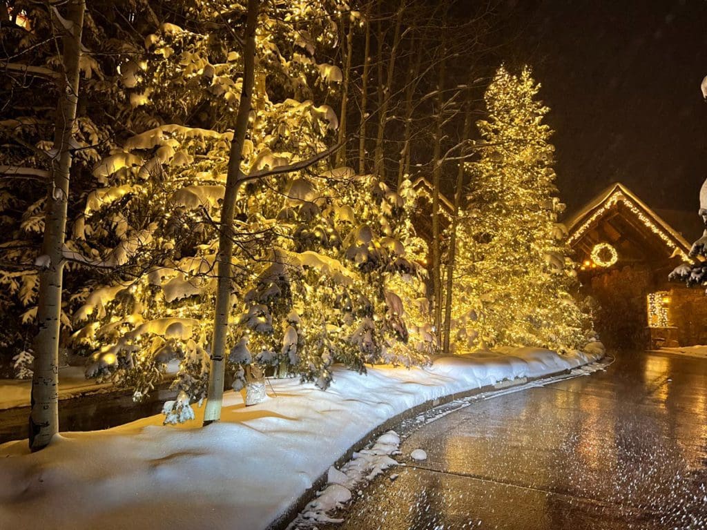 A view of a magical lane, covered in snow, near the Ritz-Carlton Bachelor Gulch.