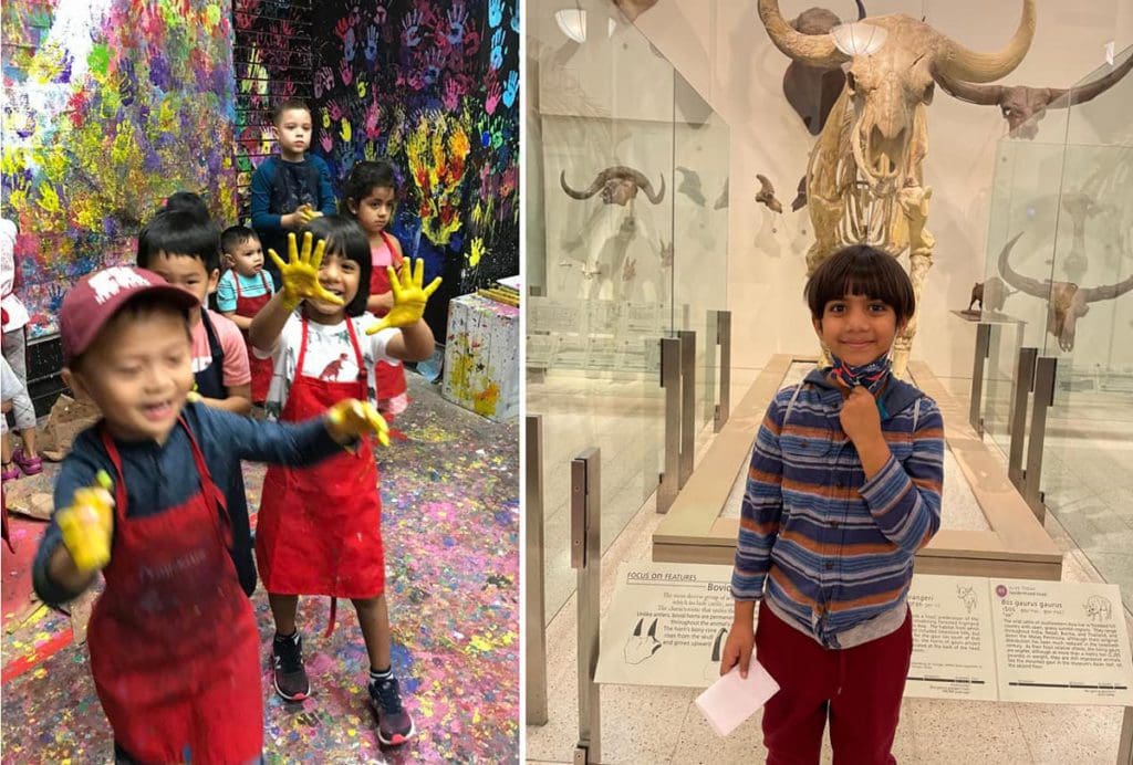 Left Image: Several children with yellow paint on their hands laugh at the Brooklyn Children's Museum. Right Image: A young boy stands in front a of museum exhibit featuring old animal bones.