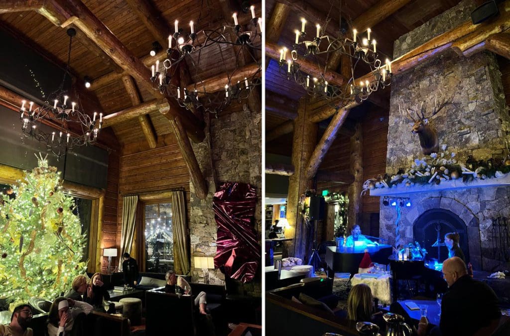 Left Image: A view of the cozy lobby at the Ritz-Carlton Bachelor Gulch, featuring a Christmas tree. Right Image: The charming lobby of the Ritz-Carleton Bachelor Gulch, featuring a grand fire place.