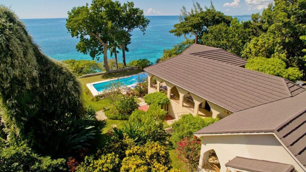 An aerial view of one of the villas at the Bluefields Bay Jamaica, featuring a private pool.