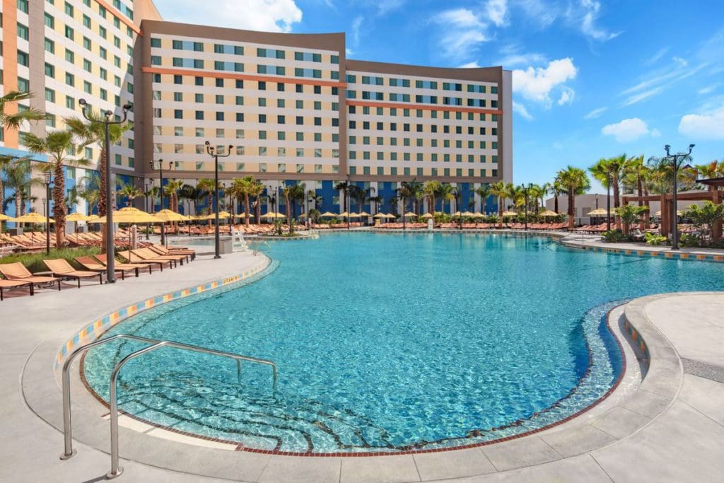 The cozy pool at Dockside Inn and Suites at Universal Orlando, with resort buildings in the background.