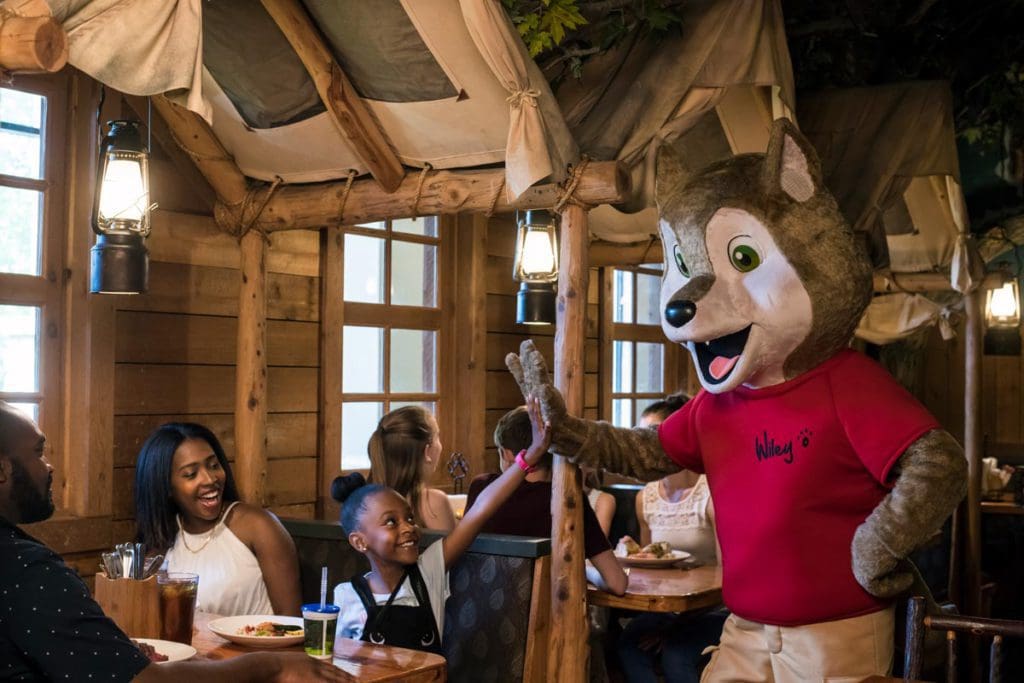 A young girl high-fives a wolf mascot, while eating at a Great Wolf Lodge in the Poconos, one of the best themed hotels in the United States for families.
