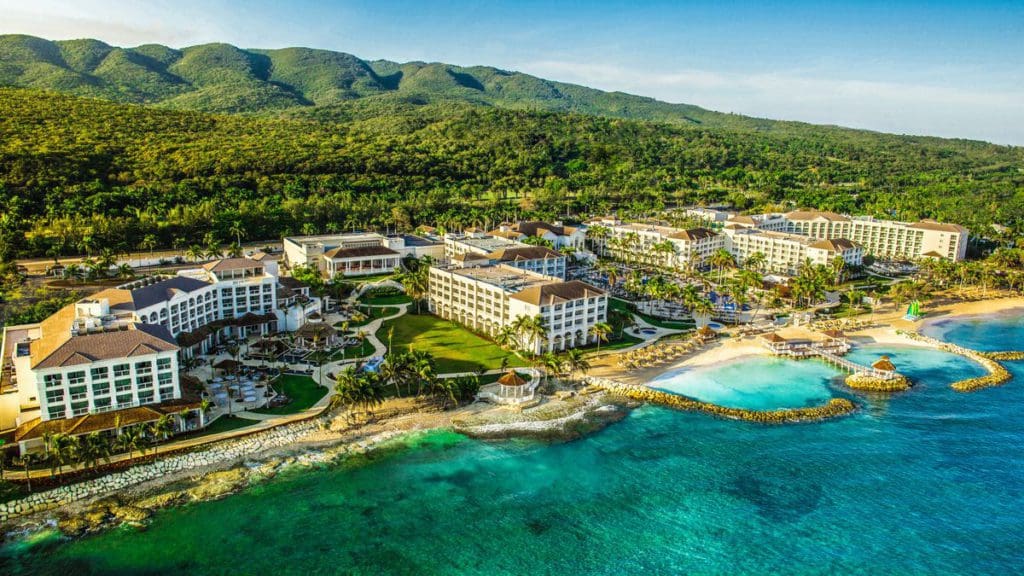 An aerial view of the grounds and beach of the Hyatt Ziva Rose Hall, one of the best all-inclusive resorts in the Caribbean for families.