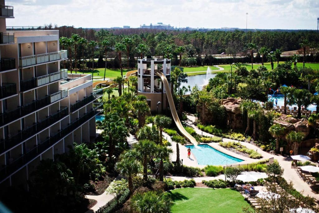 An aerial view of the pool and hotel grounds at Orlando World Center Marriott.