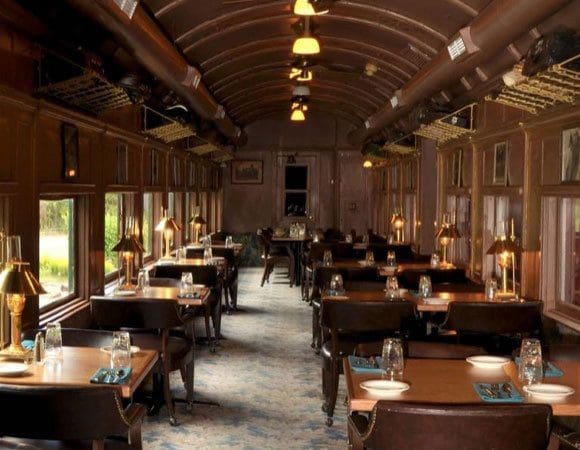 Inside the train-cabin themed dining room at the Railroad Park Resort.