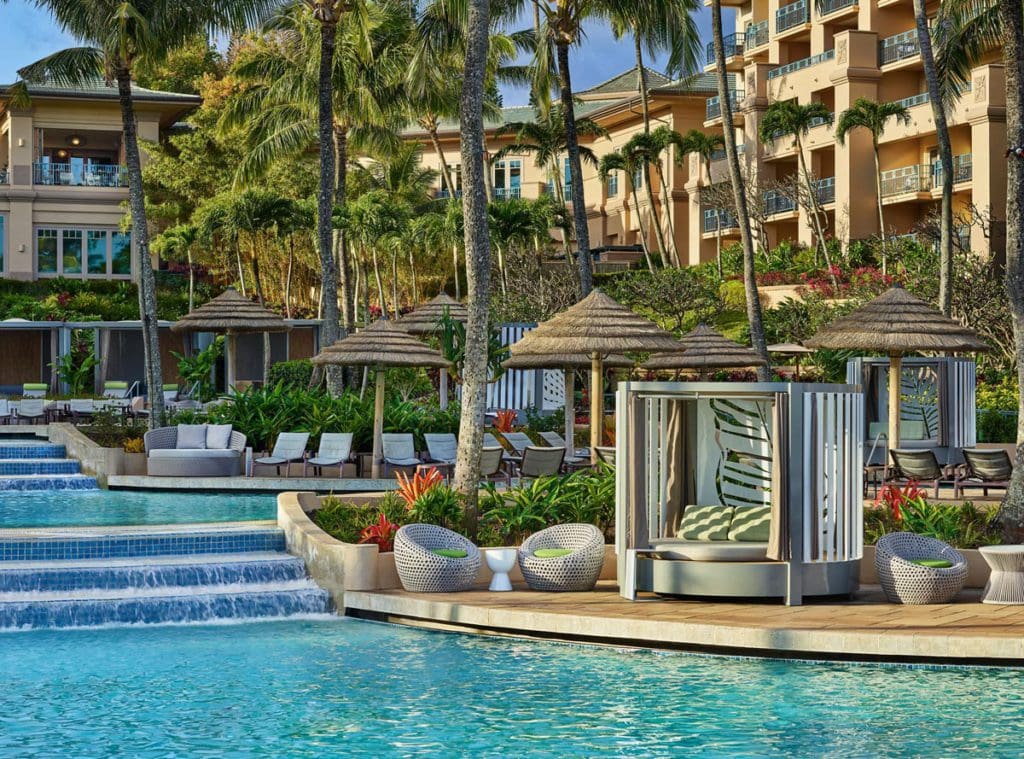 A close up of the pool and nearby cabana at The Ritz-Carlton Maui, Kapalua, one of the Best Marriott Properties in the U.S. for a Family Vacation.