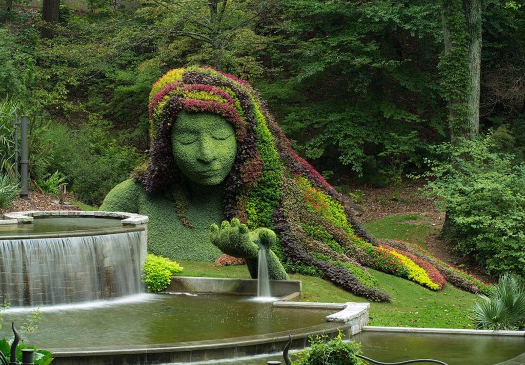 The green goddess plant statue at Atlanta Botanical Garden, featuring gorgeous hues of green and dark red.