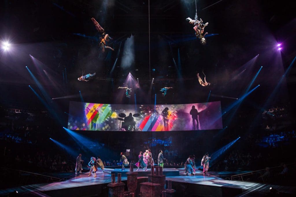 Several actors on stage at a Cirque du Soleil, one of the best things to do in Las Vegas with kids.